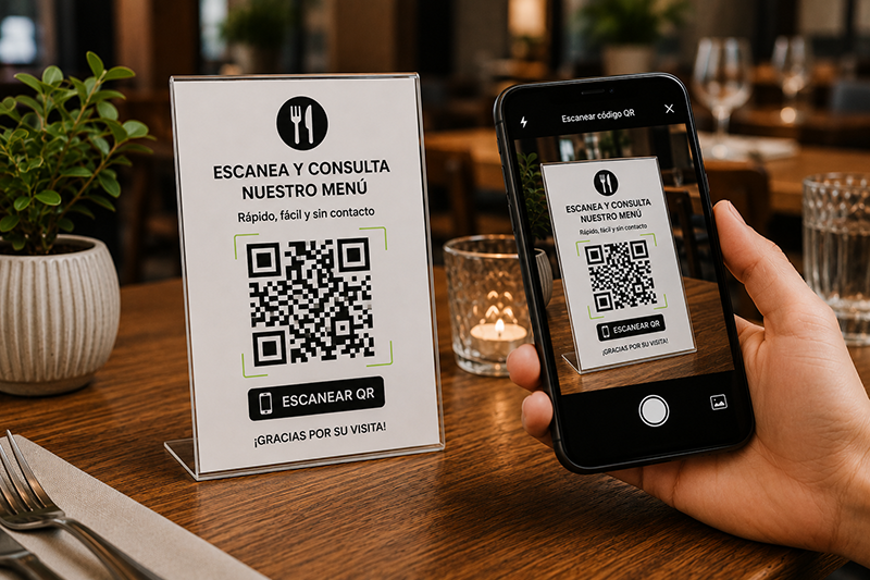Mesa de restaurante con codigo QR para consultar el menu digital